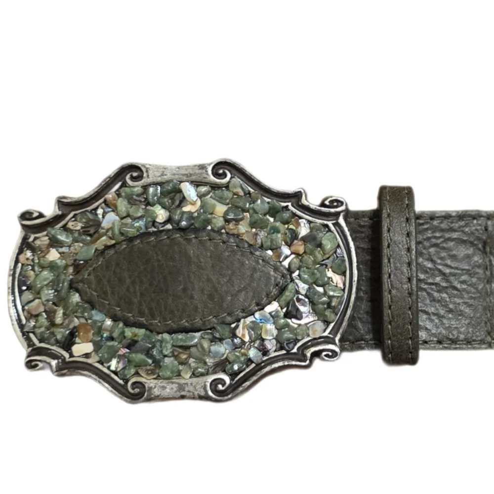 Vintage Elite Olive Green Leather Belt Embellished Buckle 35